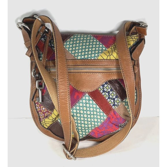 Fossil Slim Leather and Fabric Patchwork Crossbody Shoulder Bag - Picture 1 of 15